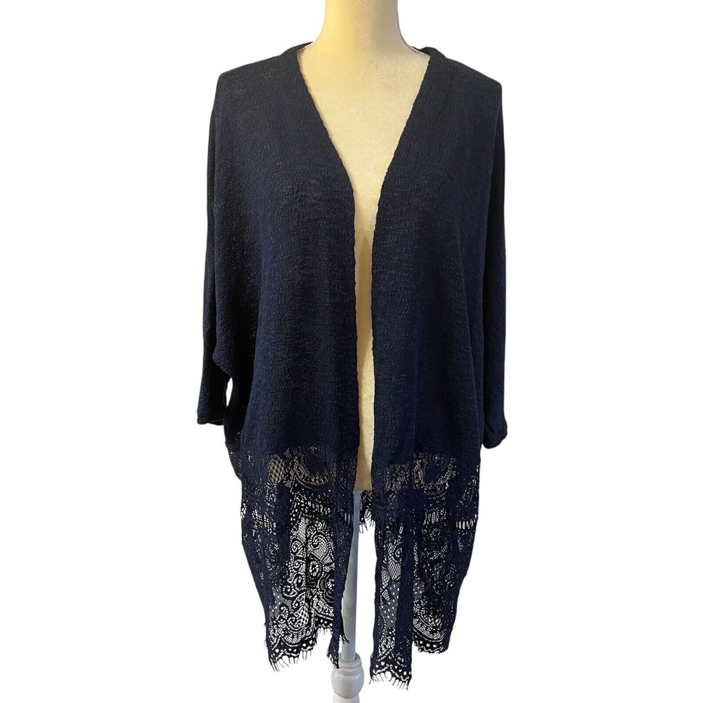 Maurices Women's Open Front Cardigan Lace Trim‎ Navy Cover Up Size 2